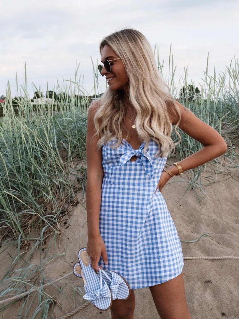 Nasty Gal Light Blue Gingham Bow-Front Mini Dress - Picture 1 of 5